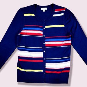 Charter Club Women's Prep Striped Super Soft Royal Blue Sweater Cardigan | M